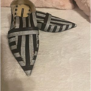 ZARA “Zapata” Black White Silver Slip-on Pointed Flat Mule size EU 41 US 10